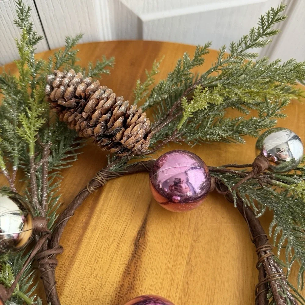 Bath Body Works 3 wick candle‎ ring holder Pink & Gold ornaments pinecone wreath